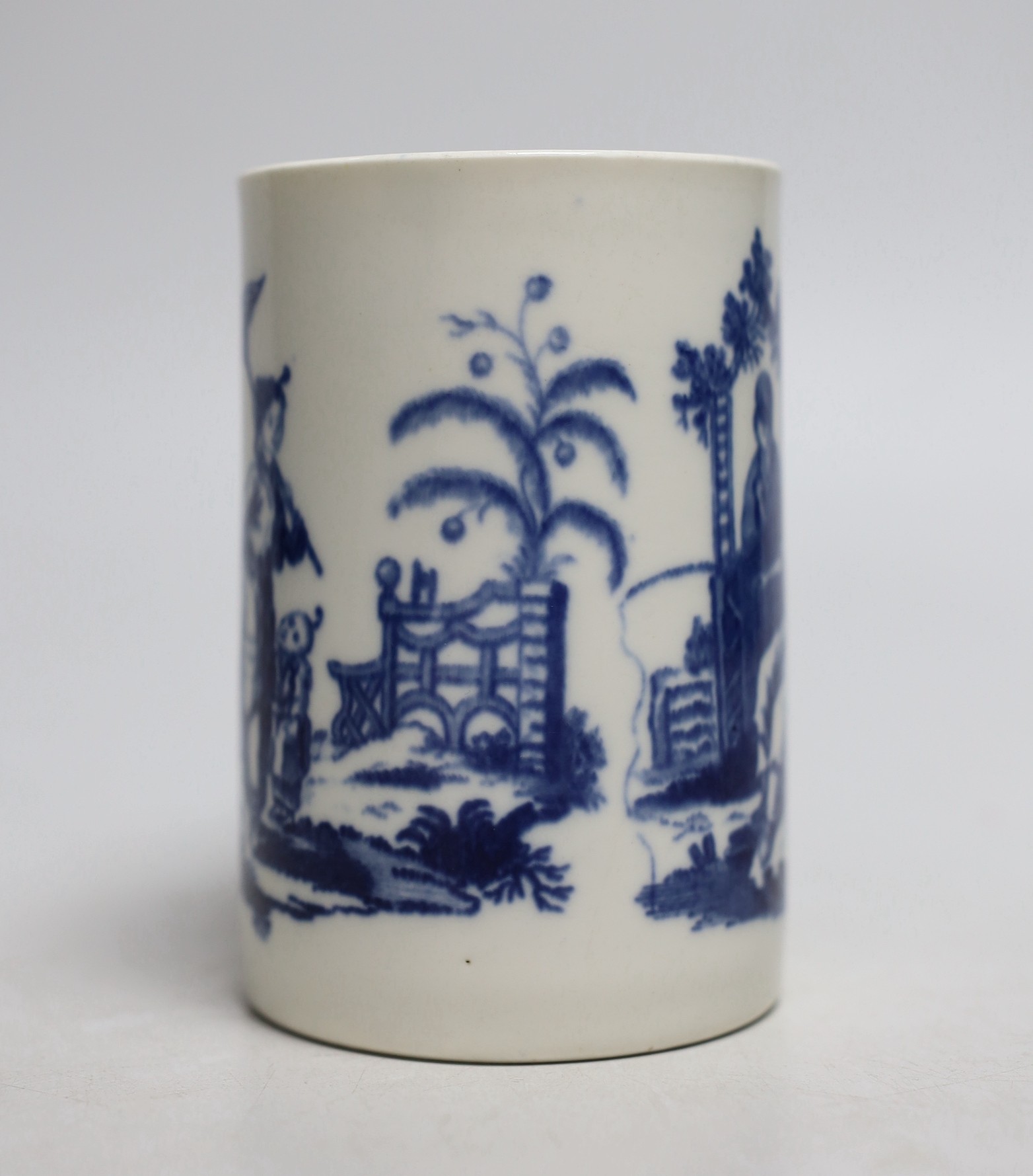 An 18th century Caughley uncommon mug Le Peche / Promenade, S mark to base
